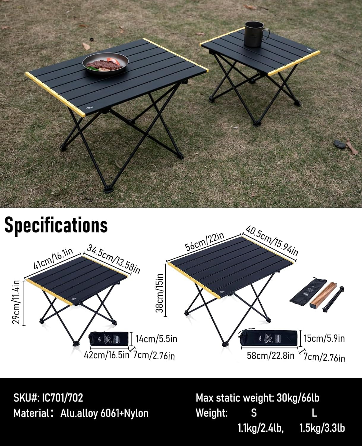 Ultralight Compact Camping Folding Table with Carry Bag (Black - S)