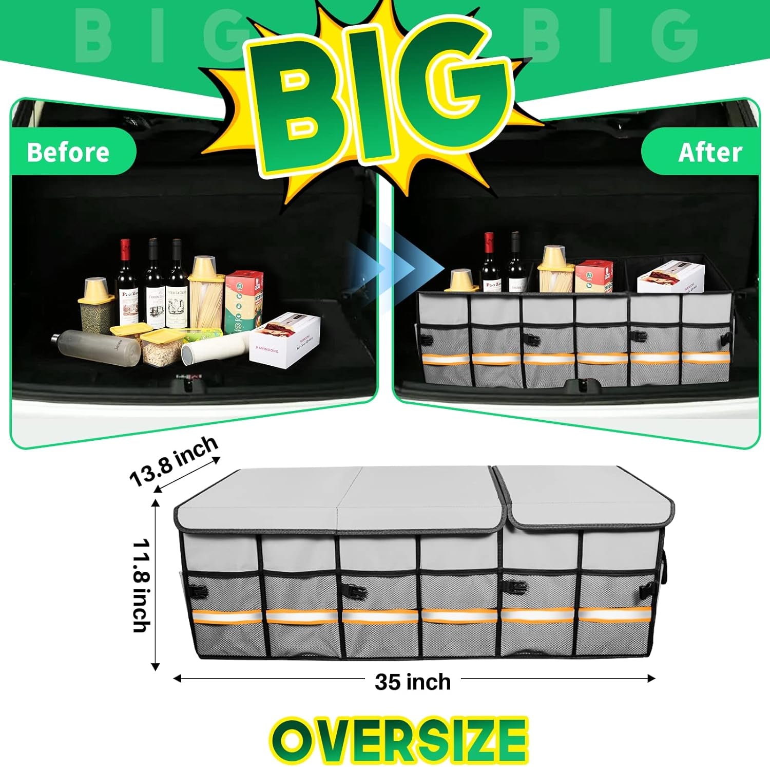 Big Car Trunk Organizer, Cargo Organizer SUV Trunk Storage Non Slip Bottom Waterproof Collapsible Durable Multi Compartments-(Oversize,Gray)