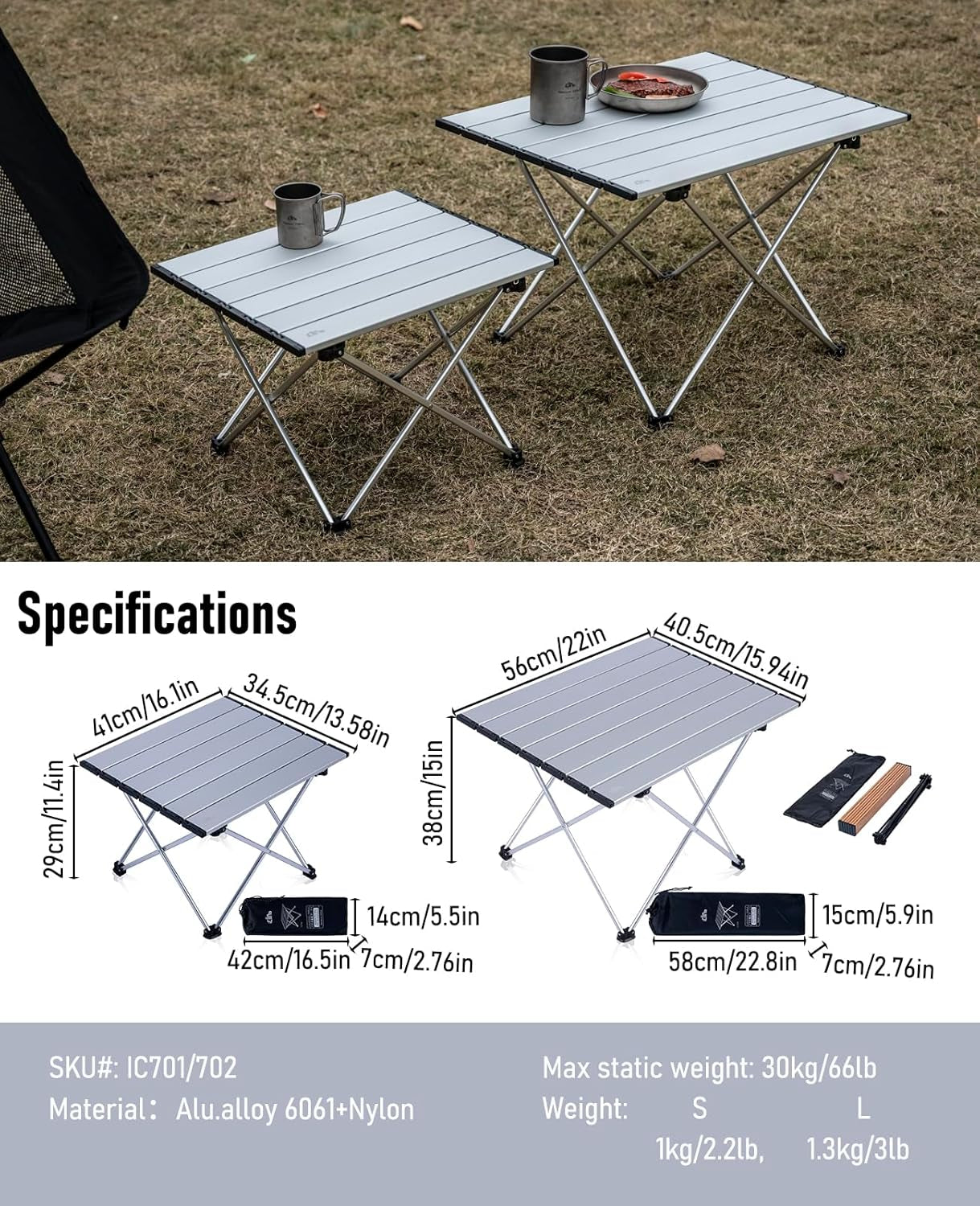 Ultralight Compact Camping Folding Table with Carry Bag (Silver - L)