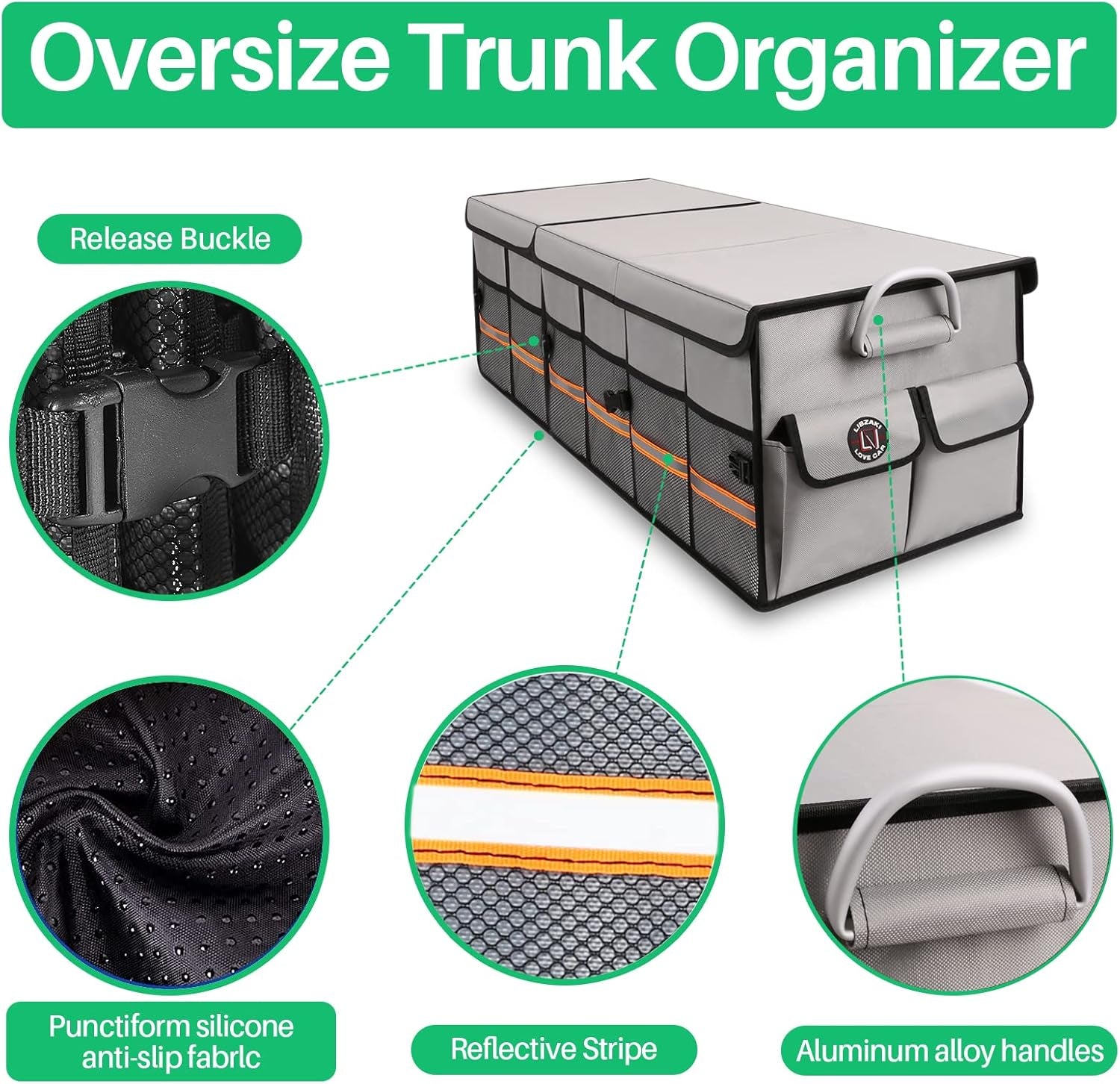 Big Car Trunk Organizer, Cargo Organizer SUV Trunk Storage Non Slip Bottom Waterproof Collapsible Durable Multi Compartments-(Oversize,Gray)