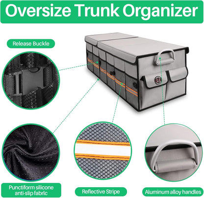 Big Car Trunk Organizer, Cargo Organizer SUV Trunk Storage Non Slip Bottom Waterproof Collapsible Durable Multi Compartments-(Oversize,Gray)