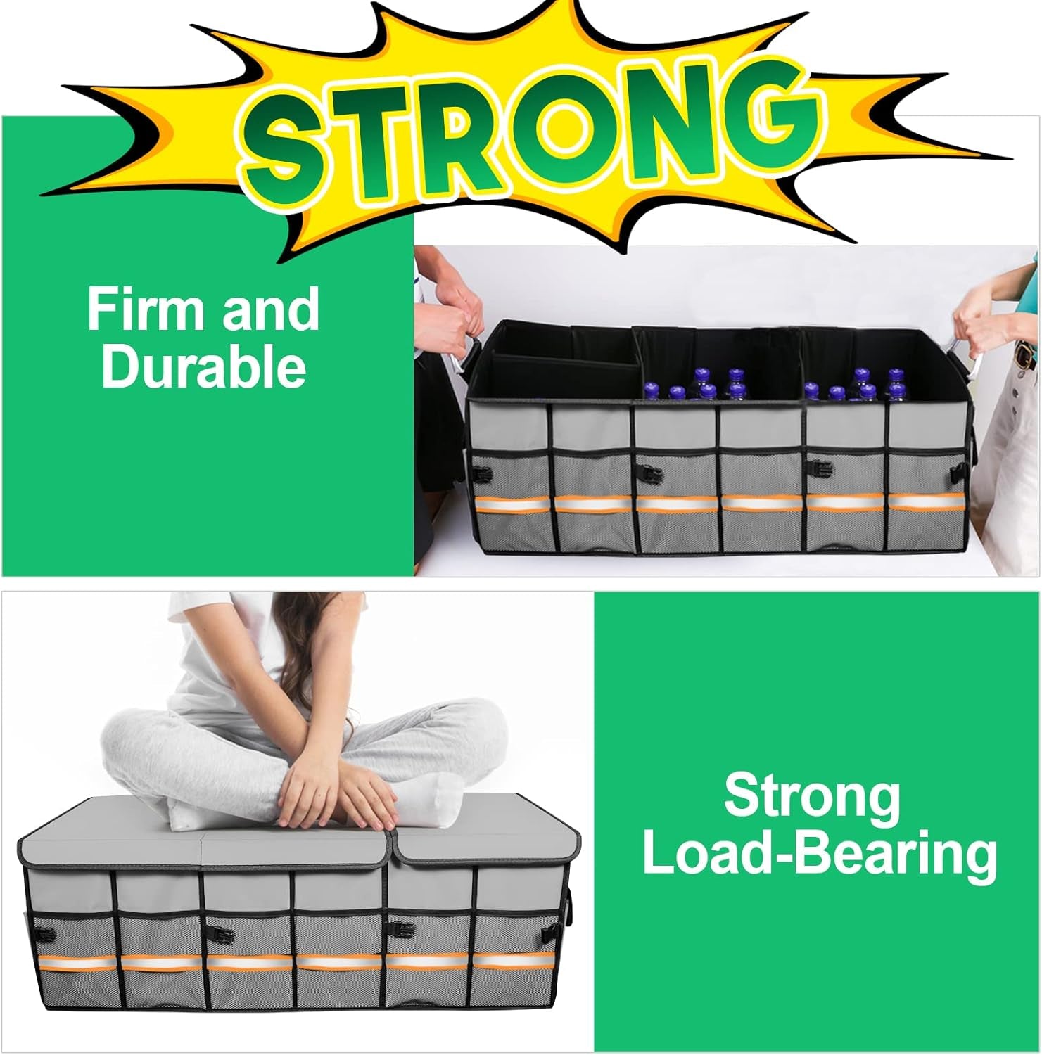 Big Car Trunk Organizer, Cargo Organizer SUV Trunk Storage Non Slip Bottom Waterproof Collapsible Durable Multi Compartments-(Oversize,Gray)